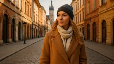 معلومات عن نساء بولندا - امرأة بولندية شابة تمشي في شارع قديم بمدينة وارسو مع مبانٍ أوروبية دافئة في الخلفية.