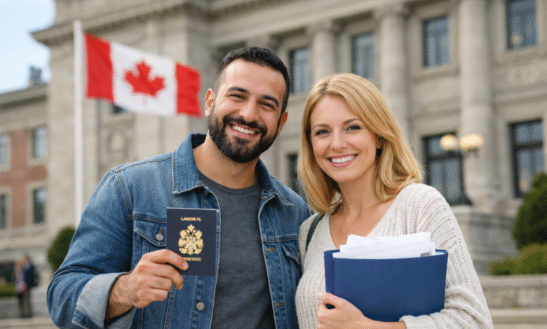 مزوجان مبتسمان أمام مبنى حكومي كندي يحملان جواز سفر ومستندات رسمية، يمثلان مميزات الزواج من كندية.