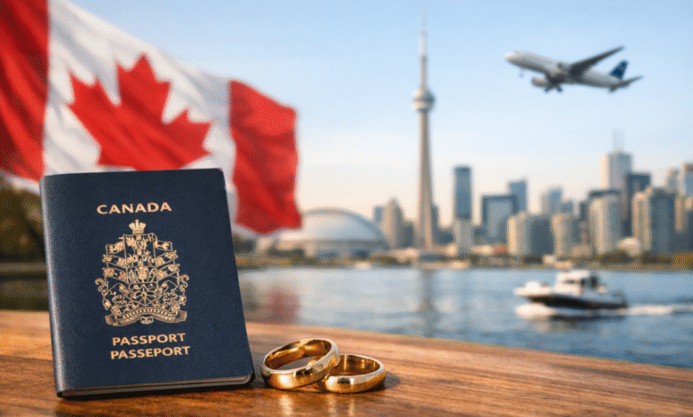 زوجان مع جواز كندي وخواتم زواج أمام خلفية علم كندا وأفق مدينة تورنتو، يوضحان خطوات الحصول على الجواز الكندي عن طريق الزواج.
