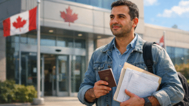 نسبة قبول فيزا كندا للأردنيين – مقدم طلب أردني يقف أمام مكتب الهجرة الكندي يحمل الوثائق الرسمية والجواز.