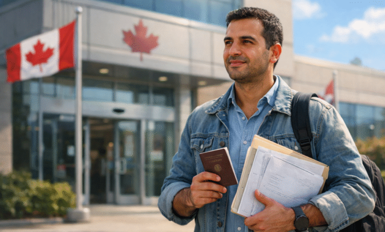 نسبة قبول فيزا كندا للأردنيين – مقدم طلب أردني يقف أمام مكتب الهجرة الكندي يحمل الوثائق الرسمية والجواز.