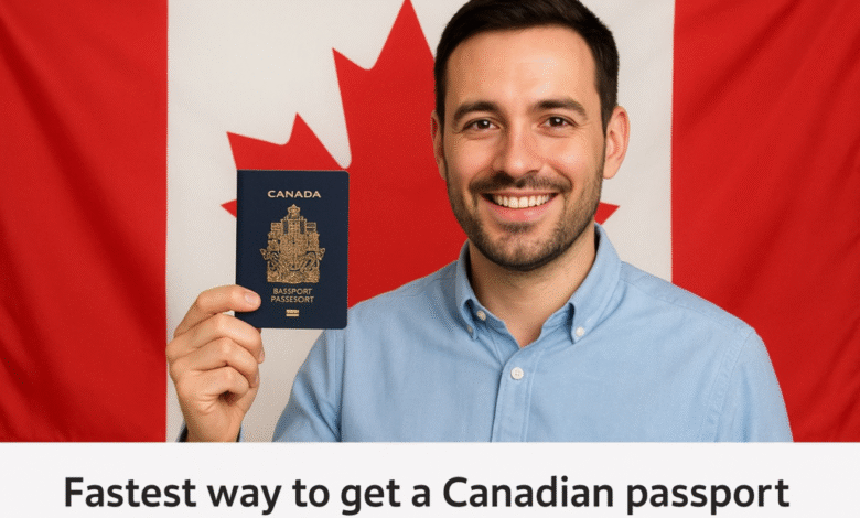 "رجل يحمل جواز كندي أمام خلفية علم كندا، يوضح خطوات الحصول على الجواز الكندي بأسرع طريقة قانونية."