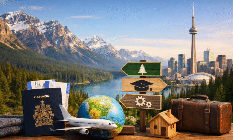"أفضل طريقة للسفر إلى كندا 2025: دليل شامل لأنواع التأشيرات والشروط والمستندات والرسوم والمدة"