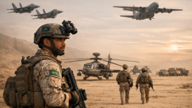 صورة لعسكري سعودي في الزي الرسمي، يقف بثقة أمام طائرات مروحية وطائرات مقاتلة في قاعدة عسكرية، مع إظهار معدات الجيش والبدلات الرسمية – راتب العسكري السعودي.