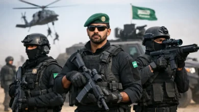 صورة لقوات الطوارئ الخاصة السعودية واقفة في تشكيل أمام مبنى حكومي سعودي، مع العلم السعودي في الخلفية.