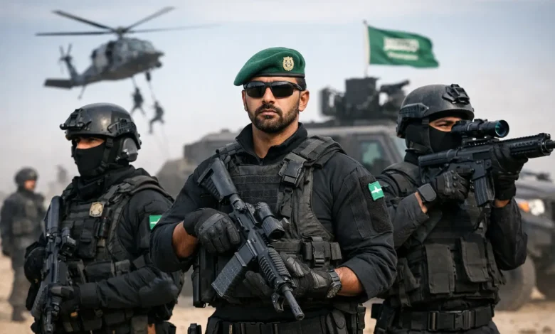 صورة لقوات الطوارئ الخاصة السعودية واقفة في تشكيل أمام مبنى حكومي سعودي، مع العلم السعودي في الخلفية.