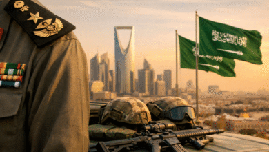 سلم رواتب العسكريين الضباط مع مجموعة ضباط سعوديين واقفين أمام مبانٍ عسكرية