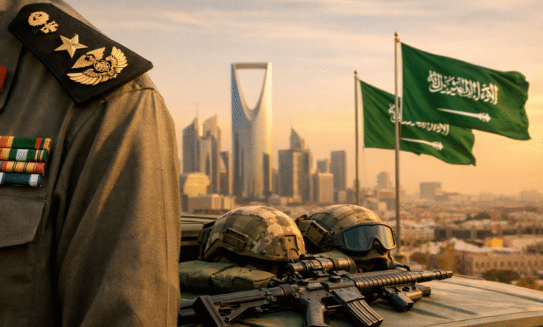 سلم رواتب العسكريين الضباط مع مجموعة ضباط سعوديين واقفين أمام مبانٍ عسكرية