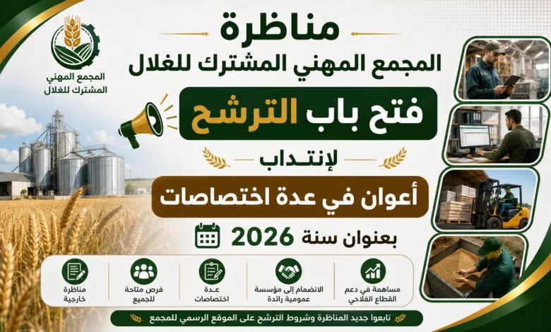 مناظرة المجمع المهني المشترك للغلال 2026: فتح باب الترشح لانتداب أعوان في عدة اختصاصات 1 مناظرة المجمع المهني المشترك للغلال 2026: فتح باب الترشح لانتداب أعوان في عدة اختصاصات