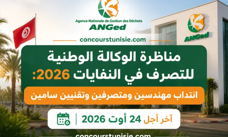 مناظرة الوكالة الوطنية للتصرف في النفايات 2026: انتداب مهندسين ومتصرفين وتقنيين سامين آخر أجل 24 أوت 2026 1 الوكالة الوطنية للتصرف في النفايات