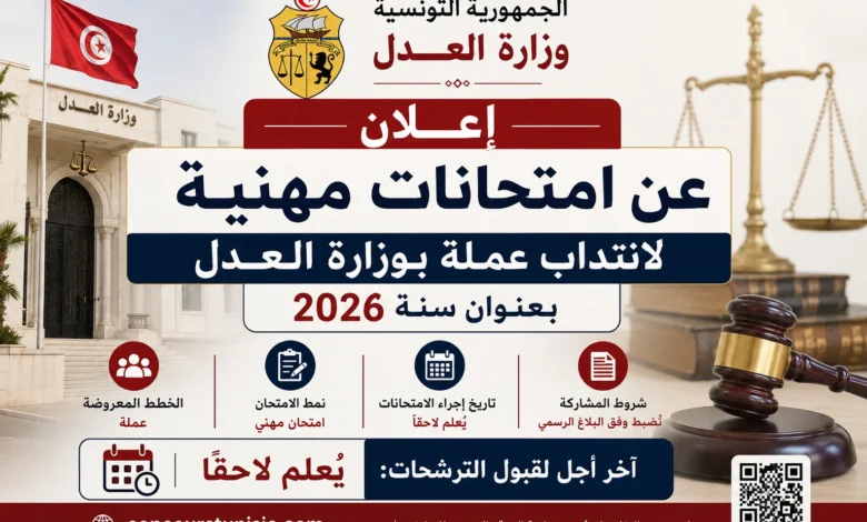 وزارة العدل: إعلان عن امتحانات مهنية لانتداب عملة بعنوان سنة 2026 (97 خطة)